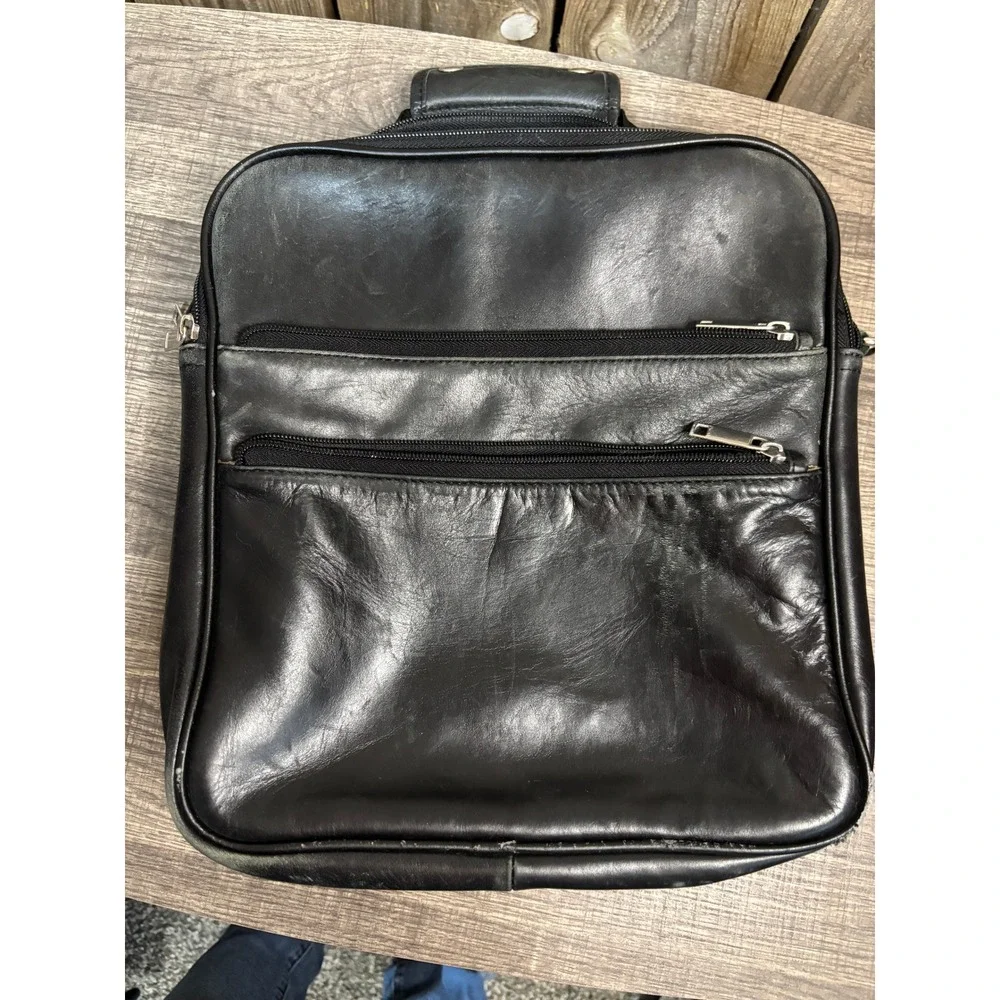 Vintage Black Leather Fold Out Messenger Bag Multi Pocket‎ Travel Case Handbag